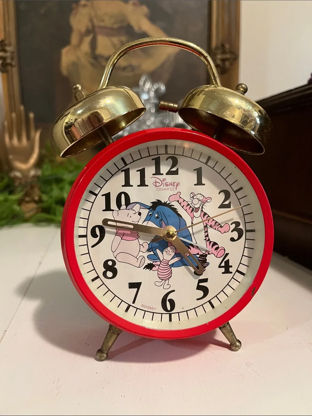 DISNEY Alarm Clock - Red & Brass - Tigger, Piglet, Pooh, Eeyore - Quartz - Bells